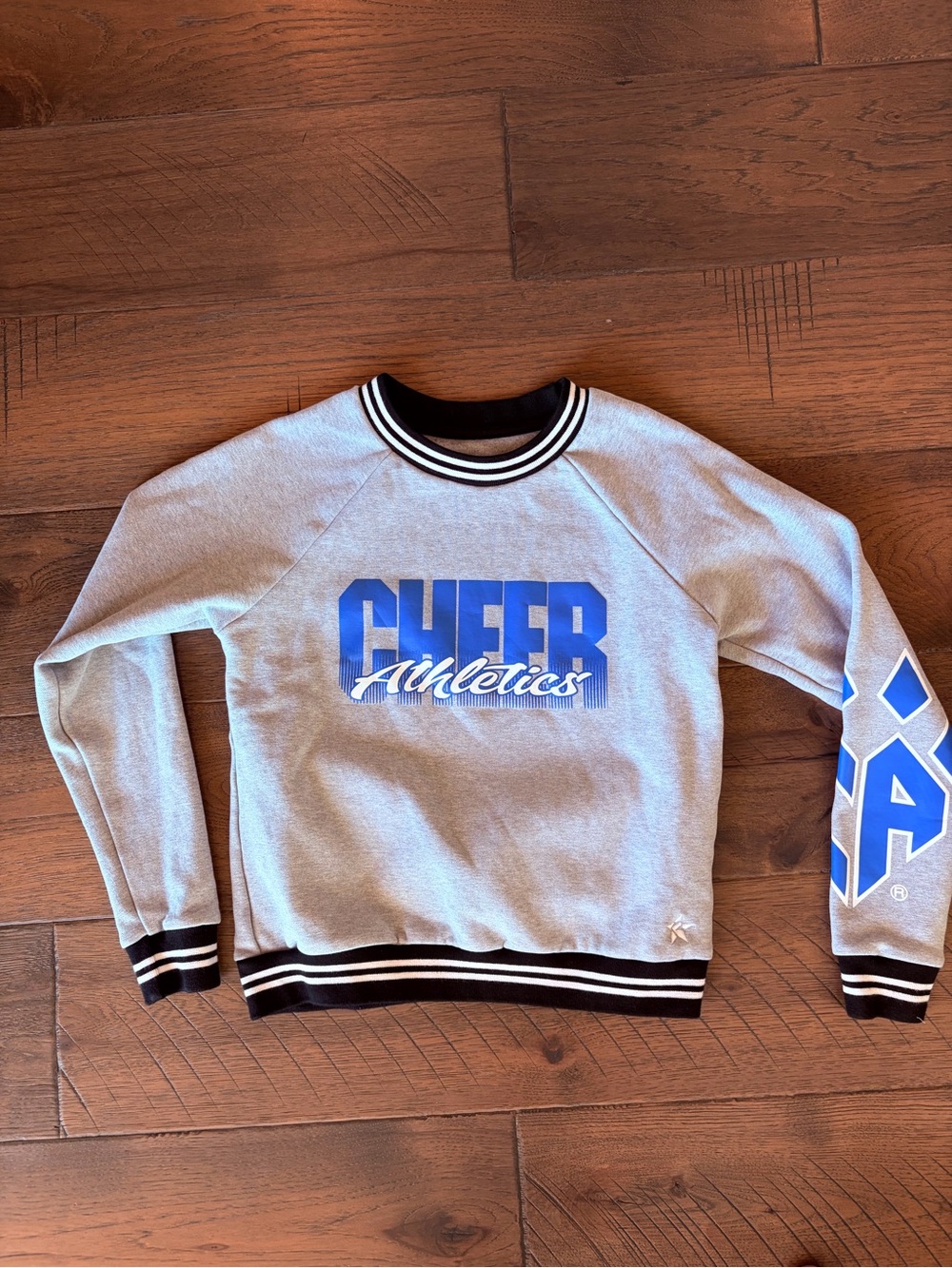 Rebel Athletic Cheer Sweatshirt Youth Medium YM Gray Blue Varsity Crewneck